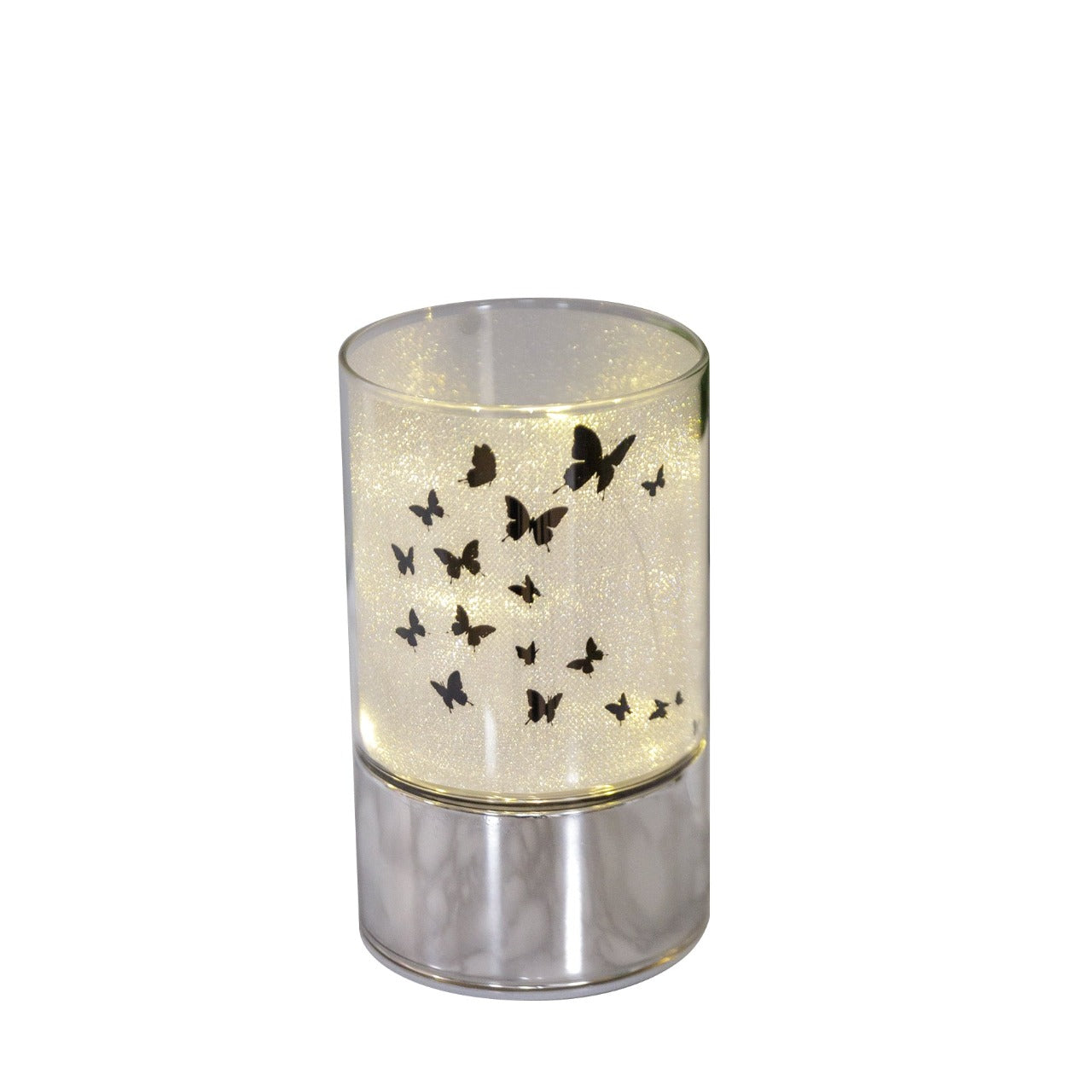 HESTIA® Glass Butterfly Design Tube with LED Lights 15cm A beautiful LED tube from HESTIA®'s Silver Luxe collection. Featuring a dazzling glitter finish with butterfly design on a metal base. Requires 3 x AA batteries for use.