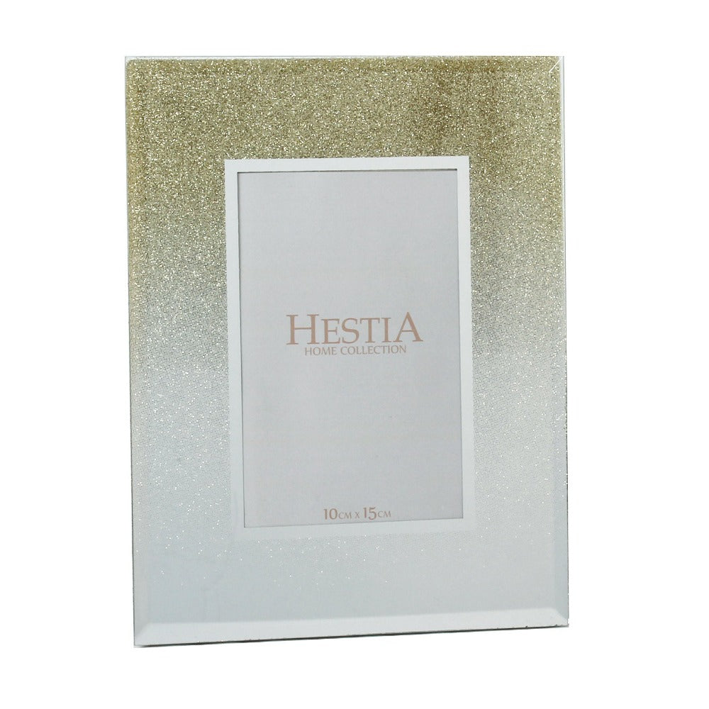 HESTIA® Glass Gold Glitter Photo Frame 4" x 6"  A mirrored glass portrait photo frame, with gold glitter waterfall detailing and 4" x 6" (10cm x 15cm) aperture.