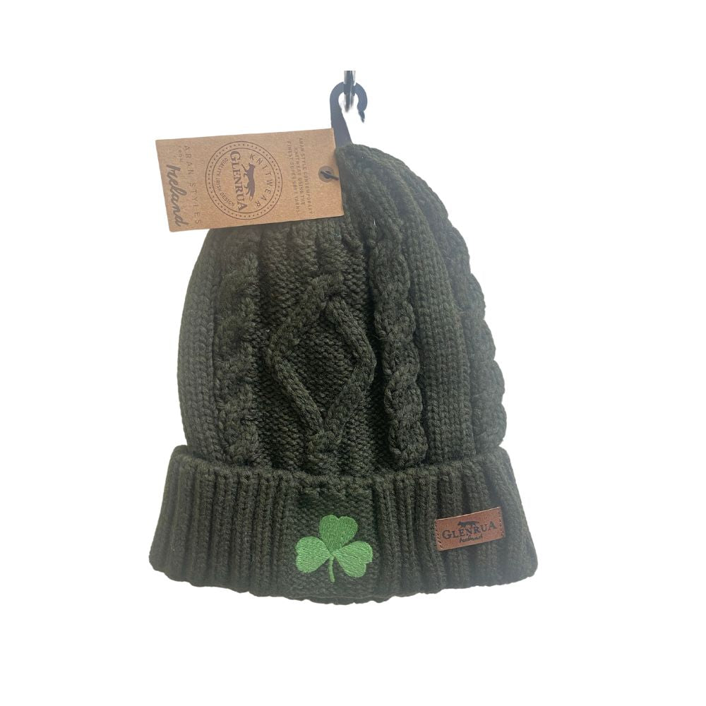 Cara Craft Glenrua Aran Knit Beanie Bottle Green with Shamrock - Dingle - Woollen Hats - Machine Washable - Soft Touch - Premium Feel - Designed in Ireland