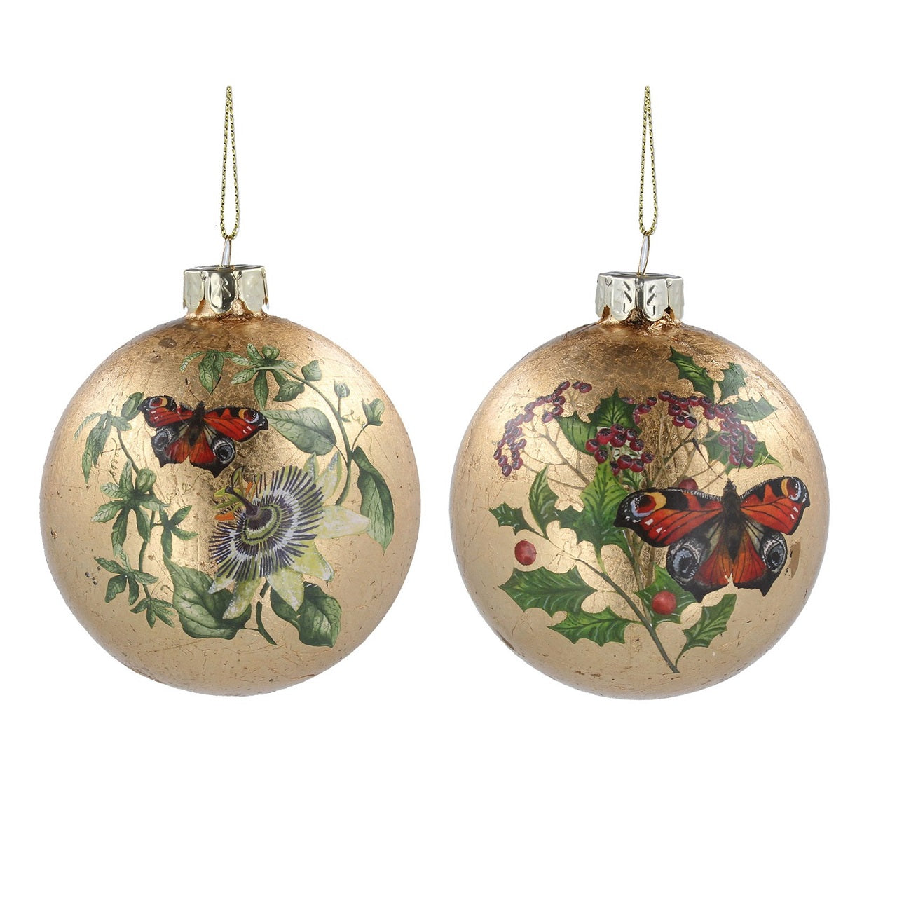 Gisela Graham Gold Glass Bauble with Butterfly Christmas Ornament - Flower  Browse our beautiful range of luxury Christmas tree decorations and ornaments for your tree this Christmas.  Add style to your Christmas tree with this beautiful gold glass bauble decorated with a butterfly and flower Christmas hanging ornament.