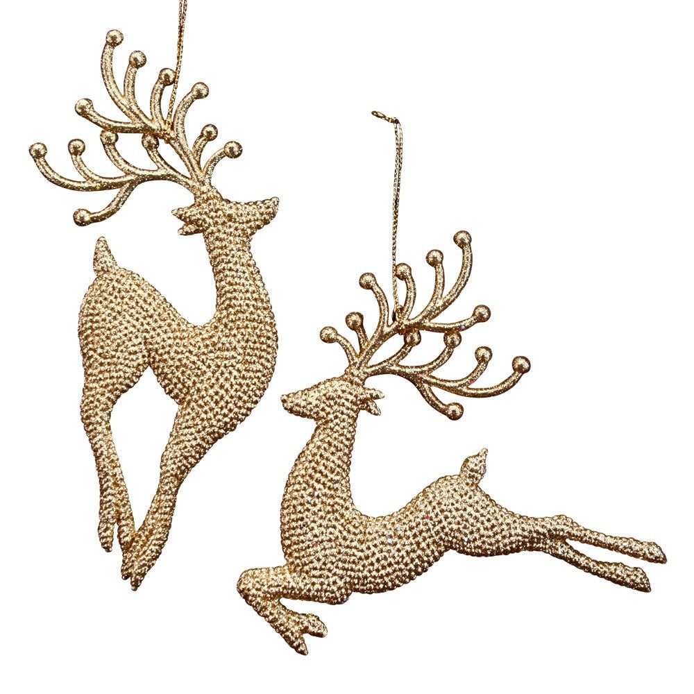 Gisela Graham Gold Glitter Reindeer Christmas Decoration - Prancing Browse our beautiful range of luxury Christmas tree decorations and ornaments for your tree this Christmas. Add style to your Christmas tree with this elegant gold glitter reindeer hanging ornament.