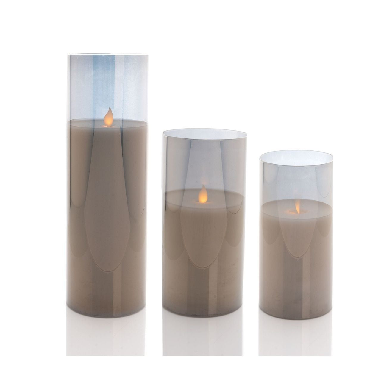 Grey Glass LED Candles Set of 3 Make your home a tranquil place with this set of 3 grey glass candles. Complete with LED flames, this lighting accessory is well-fitting for a family home.