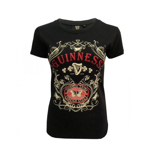 Guinness Black Butterfly Ladies T-Shirt - XX-Large  This vintage style shirt features an ornate frame of butterflies and shamrocks. This is a classic fit ladies shirt for comfort and style. This black ladies T-shirt is part of the Guinness Official Merchandise Collection.