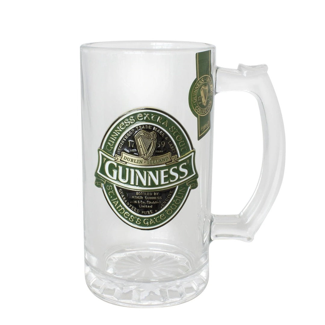 Guinness Glass Tankard with Green Label   Large Guinness glass tankard with the green Guinness label Ireland  Guinness Official Merchandise