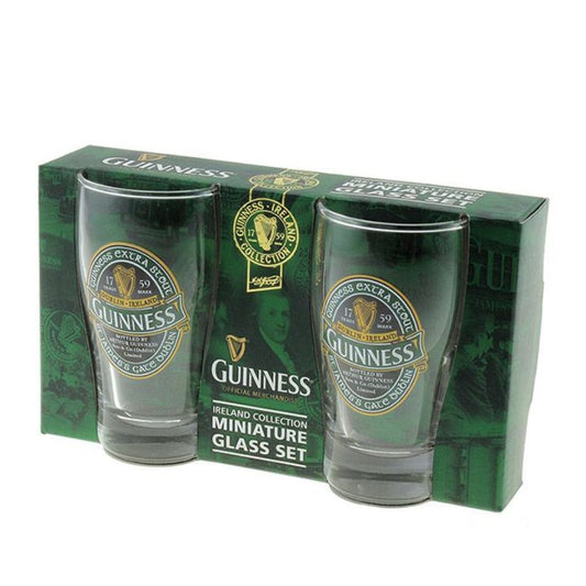 Guinness Ireland Mini Pint Glass 2 Pk  This handsome twin shot glass set from Guinness is the perfect classy thing to use when you chase your favourite black stout or cream ale! Made specially for the Guinness Ireland Collection