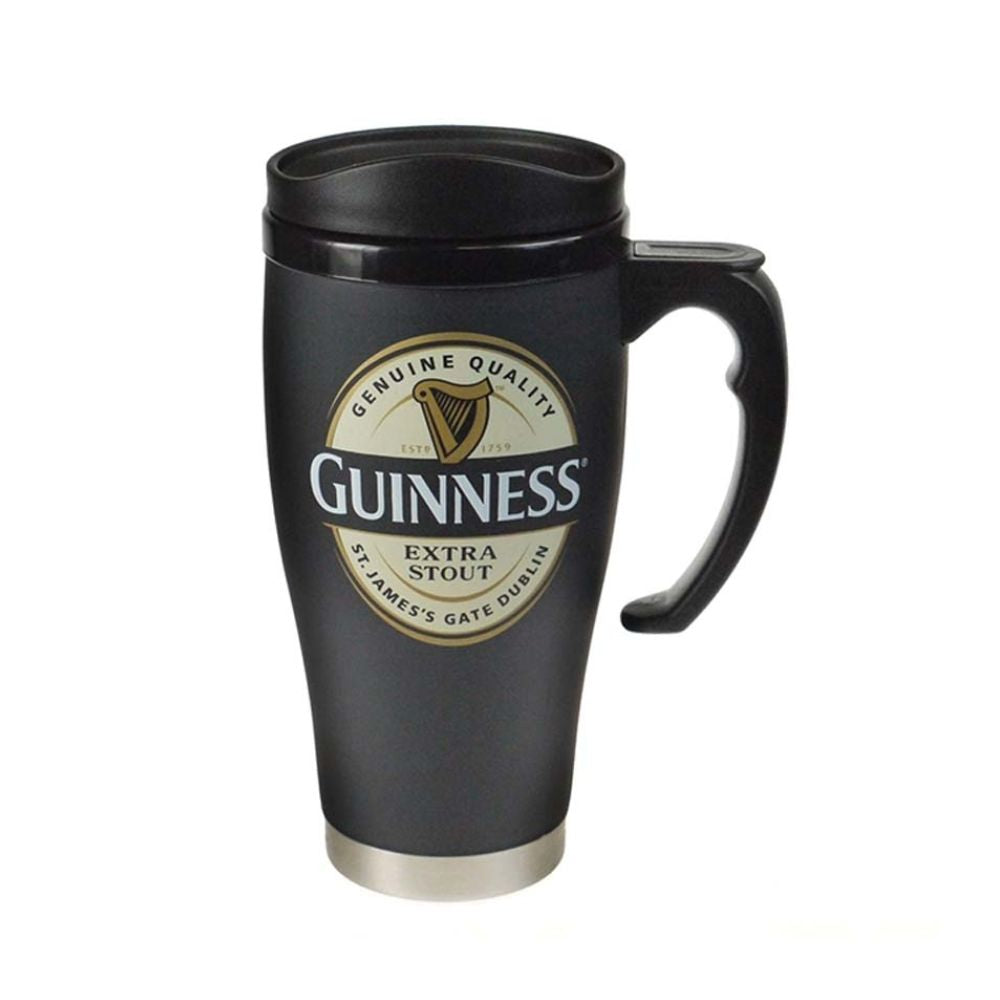 Guinness Label Travel Mug - Large  Guinness travel mug with stainless steel interior where your liquid will stay hot or icy cold for hours.