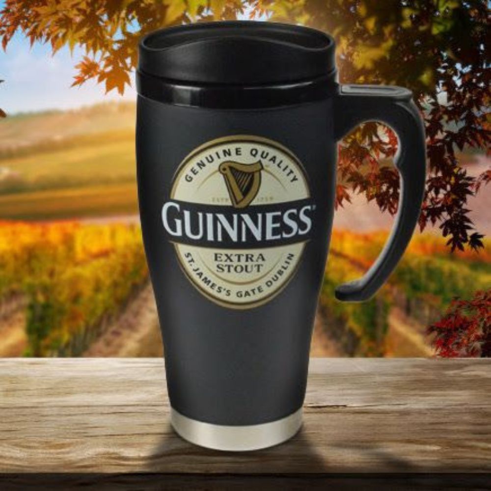 Guinness Label Travel Mug - Large  Guinness travel mug with stainless steel interior where your liquid will stay hot or icy cold for hours.