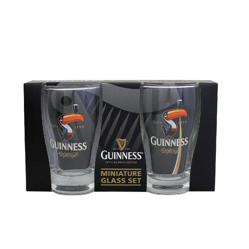 Guinness Mini Toucan Pint Glass Shot Glass Size  Packaged in a branded Guinness gift box, mini pint glasses in shot glass size feature the Guinness Toucan as well as the Arthur Guinness signature.