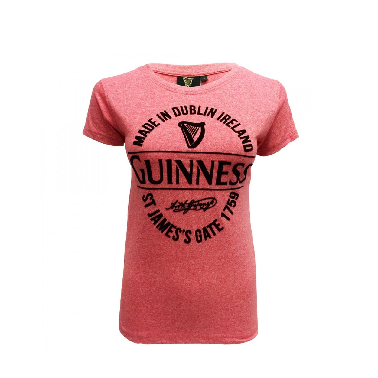 Guinness Red Grindle Stamp Ladies T-Shirt This red grindle ladies T-shirt is part of the Guinness Official Merchandise Collection. The shirt has a flock print stamp style label featuring St. James gate. It is a classic fit for style and comfort. - Official Guinness merchandise - Ladies fit t-shirt - Red - Pink