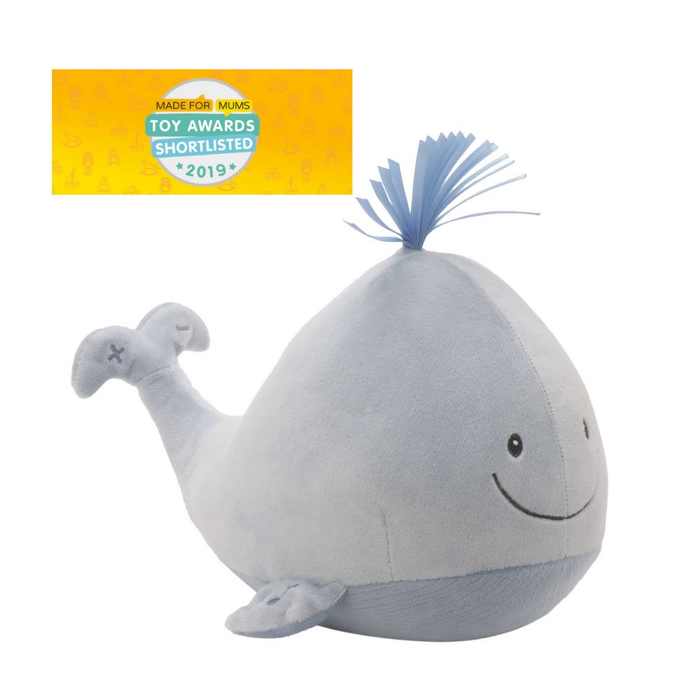 GUND Baby Sleepy Seas Light & Sound Whale  This musical plush toy will help your babies drift off to sleep. The whale is presented in an oh-so-soft light blue fabric, with blue ribbons for its hair, and dark embroidery creating a smiling face. Press the left fin and the animated whale splashes into life. Press the musical note on its right fin and the plush starts to play one of five different noises: Ocean Magic, Soothing Ocean Whale Sounds, Brahms' Lullaby, Bubbles or Ocean White Noise.