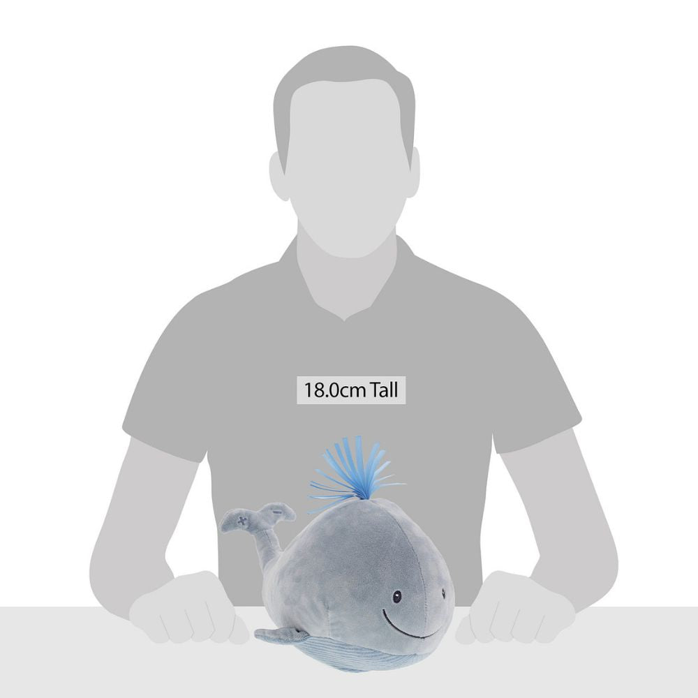 GUND Baby Sleepy Seas Light & Sound Whale  This musical plush toy will help your babies drift off to sleep. The whale is presented in an oh-so-soft light blue fabric, with blue ribbons for its hair, and dark embroidery creating a smiling face. Press the left fin and the animated whale splashes into life. Press the musical note on its right fin and the plush starts to play one of five different noises: Ocean Magic, Soothing Ocean Whale Sounds, Brahms' Lullaby, Bubbles or Ocean White Noise.