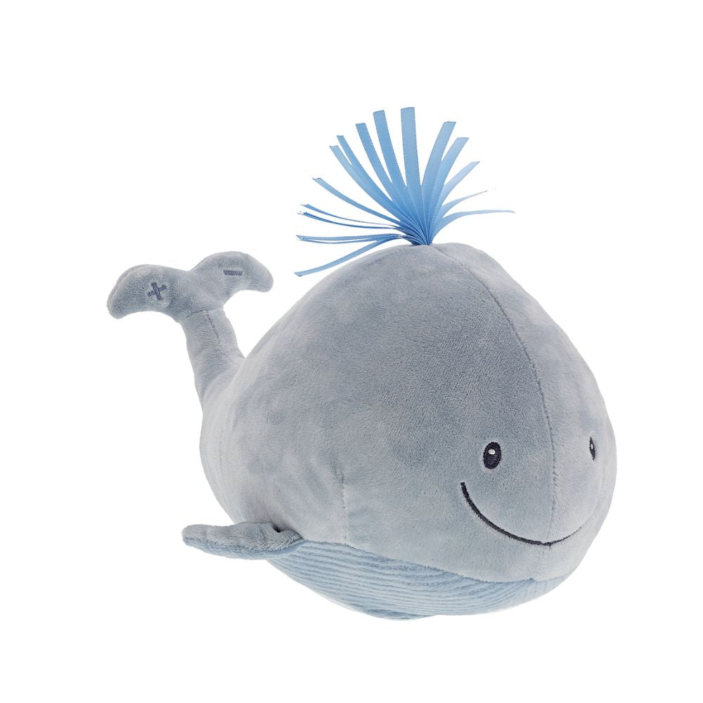 GUND Baby Sleepy Seas Light & Sound Whale  This musical plush toy will help your babies drift off to sleep. The whale is presented in an oh-so-soft light blue fabric, with blue ribbons for its hair, and dark embroidery creating a smiling face. Press the left fin and the animated whale splashes into life. Press the musical note on its right fin and the plush starts to play one of five different noises: Ocean Magic, Soothing Ocean Whale Sounds, Brahms' Lullaby, Bubbles or Ocean White Noise.