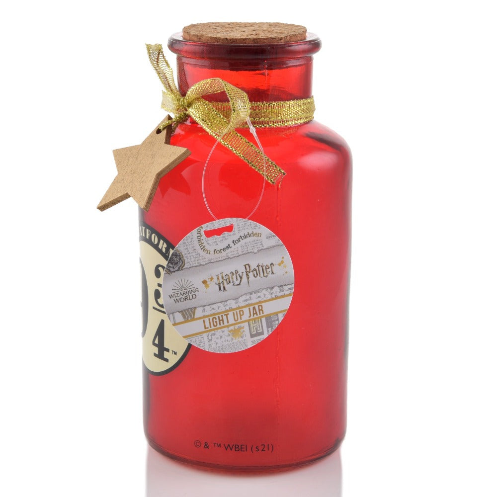 Harry Potter LED Light Up Jar Platform 9 3/4 Lumos maxima! Light up your home this Christmas with this LED glass jar light. With a glitter design, this fun accessory is sure to kick off your magical journey to Hogwarts.