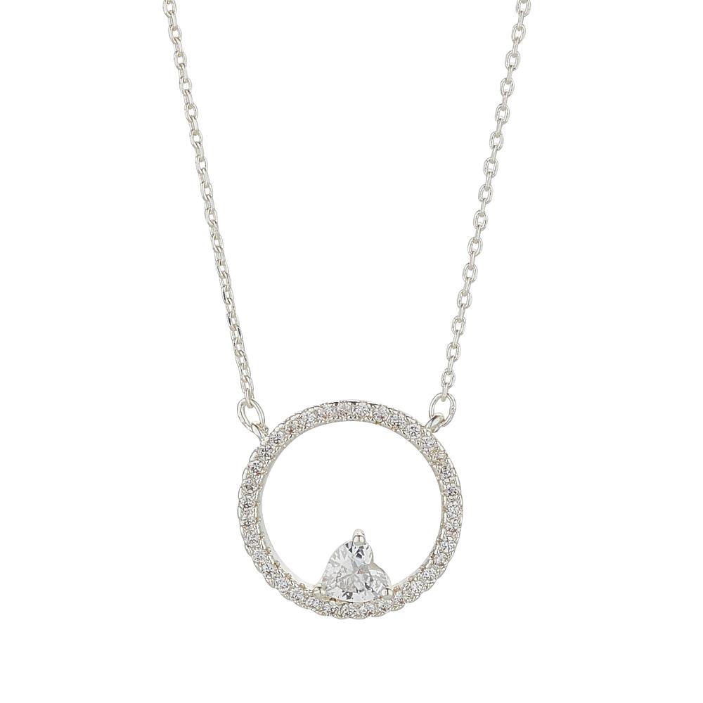 Knight & Day Heart & Circle Silver Necklace Silver plated Heart & Circle necklace richly encrusted with clear CZ in micro pave setting & embellished with heart shaped crystal. Length 16" + 2" extension.