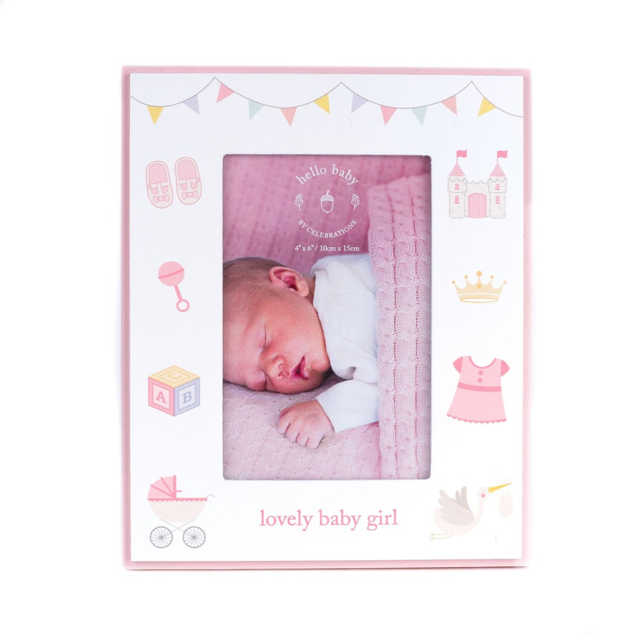 Hello Baby Bunting Photo Frame Baby Girl 4" x 6" Give a precious photo of your little princess the perfect place to shine with this adroable frame. From the Hello Baby collection by CELEBRATIONS® - gifts to celebrate a perfect new arrival.