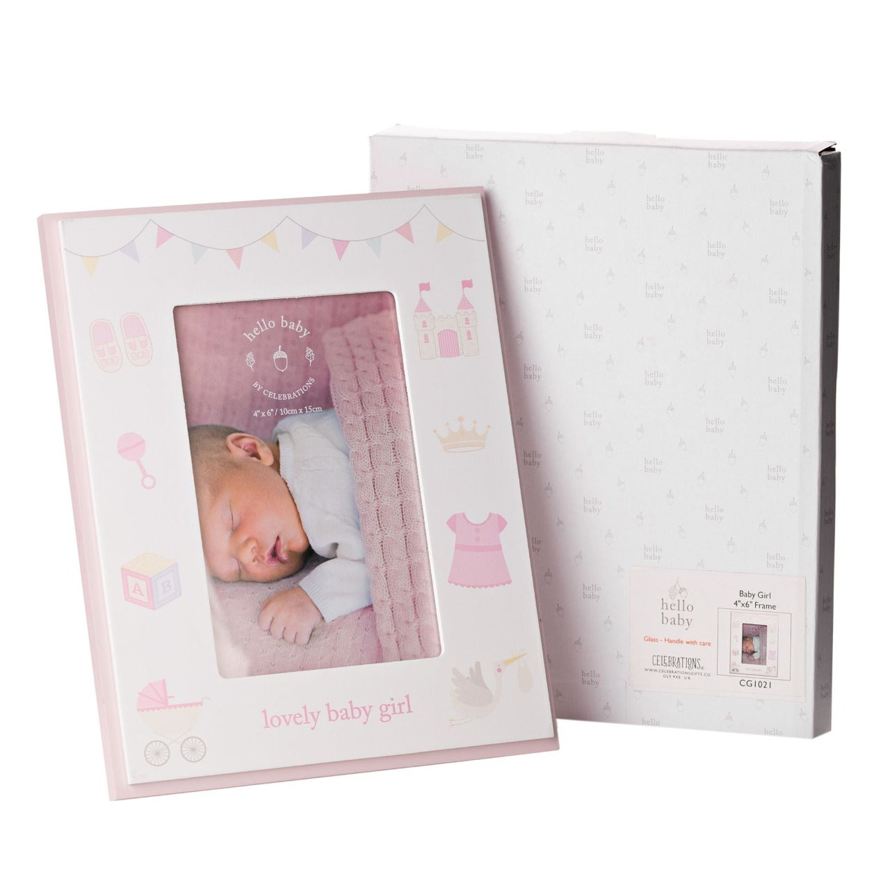 Hello Baby Bunting Photo Frame Baby Girl 4" x 6" Give a precious photo of your little princess the perfect place to shine with this adroable frame. From the Hello Baby collection by CELEBRATIONS® - gifts to celebrate a perfect new arrival.
