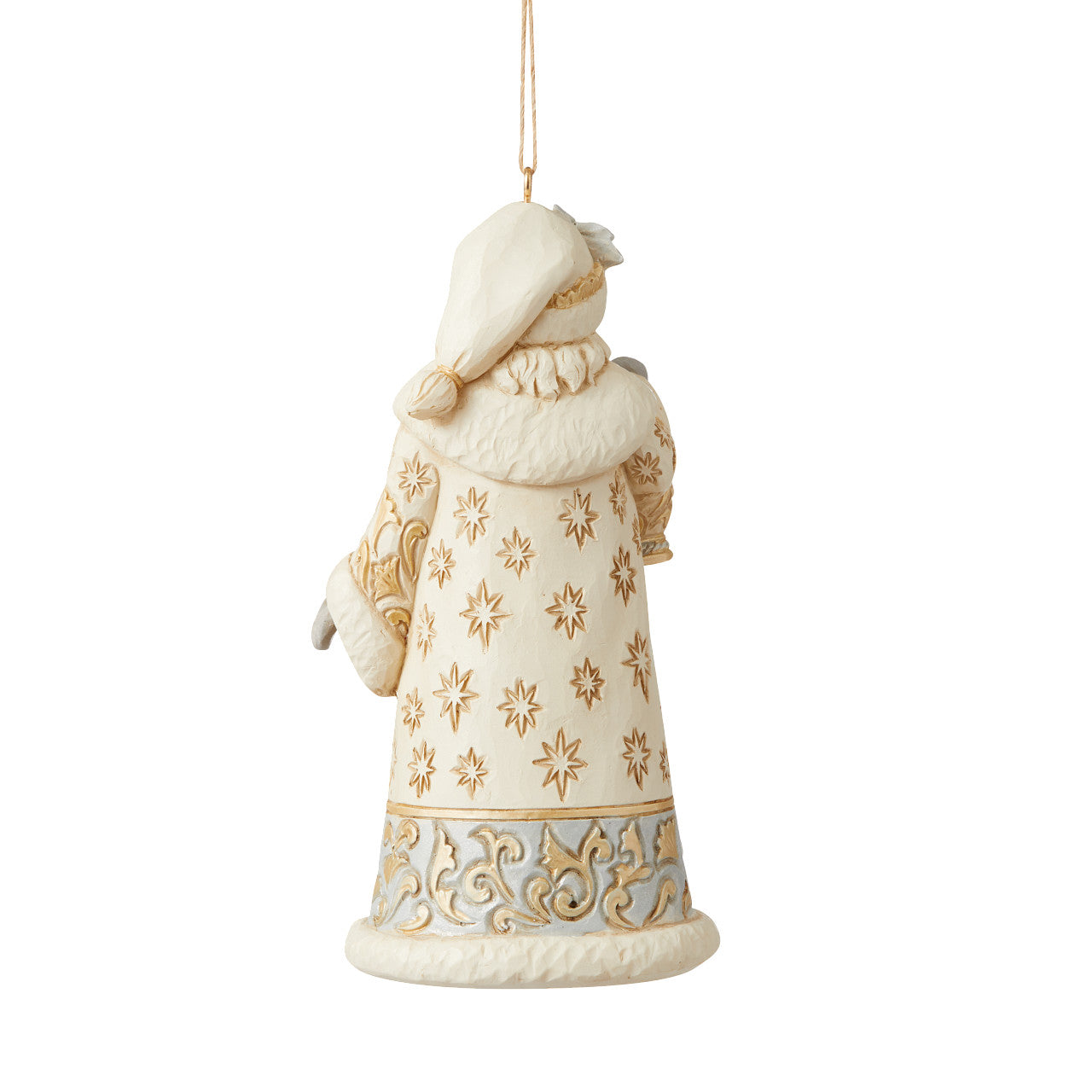Jim Shore Holiday Lustre Santa Hanging Ornament Santa sparkles in this holiday ornament by Jim Shore. Holding a lantern and cloaked in a striking suit fitted with metallic accents, Santa shines this season. With a smile and glittering poinsettias, Father Christmas radiates joy.