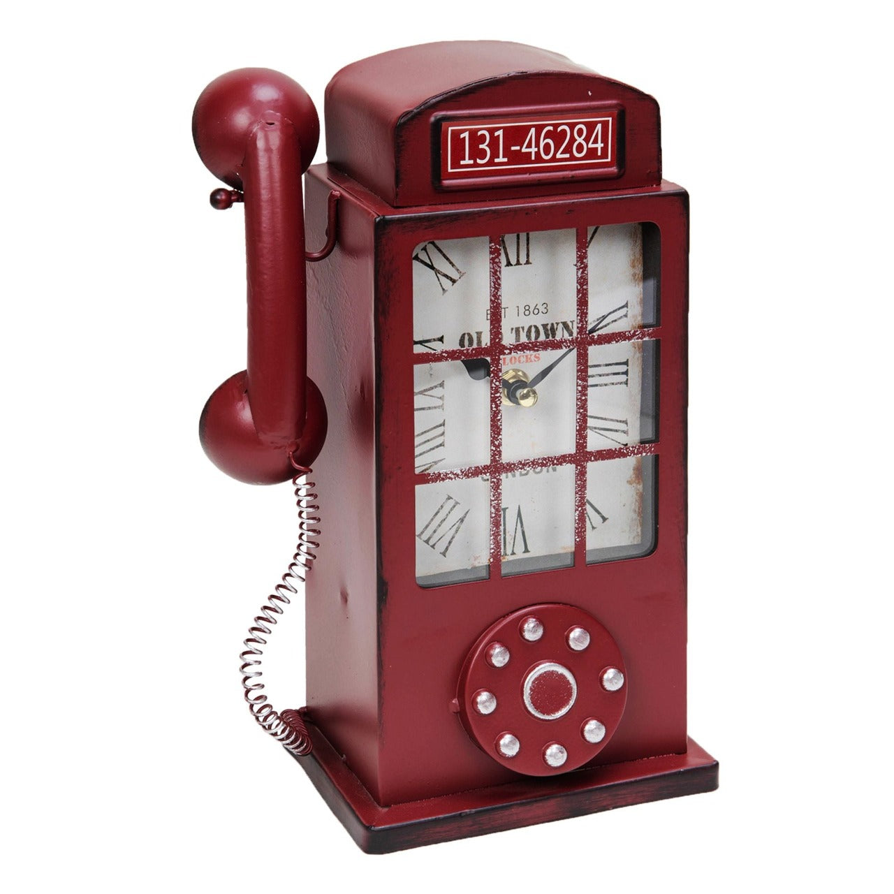 Hometime Mantel Clock Red Telephone Clock A stylish, retro red telephone mantel clock. From HOMETIME® - unbeatable style and astonishing affordability in contemporary timekeeping.
