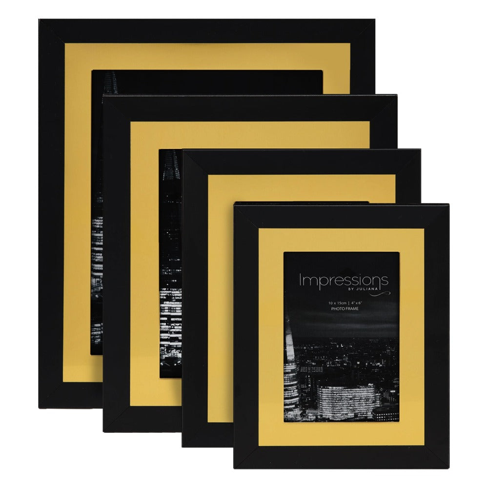 Impressions Aluminium Photo Frame Black Outer Rim 8” x 10” A contemporary two tone matt black and brushed gold aluminium photo frame. From IMPRESSIONS® - letting your photos speak their thousand words.