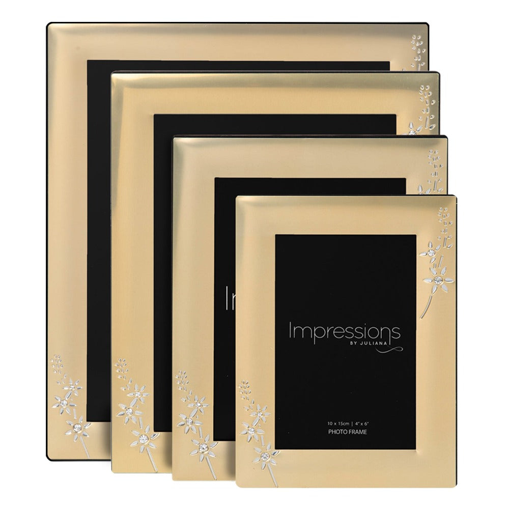 Impressions Photo Frame Brushed Gold Finish 6" x 8" A beautiful gold aluminium photo frame with silver and crystal embellished floral design. From IMPRESSIONS® - let your photos speak their thousands words.