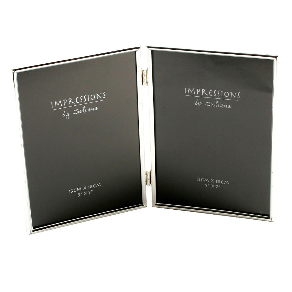 Impressions Silver Plated Thin Double Photo Frame 5" x 7" - Silver A beautifully simple silver plated hinged photo frame from IMPRESSIONS® by Juliana. Featuring two 5" x 7" apertures and luxury black velveteen backing.