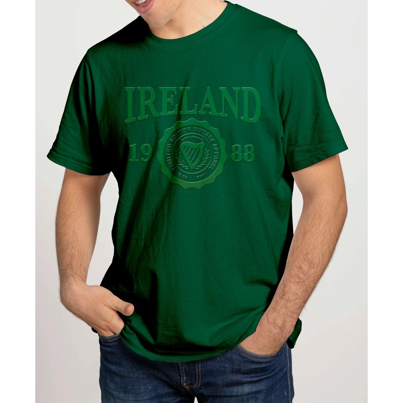 Cara Craft Ireland Bottle Green Embossed 1988 T-Shirt - 100% cotton - Ash 99% cotton,1% polyester - Crew Neck - Designed And Printed in Ireland By Cara craft - Machine Washable