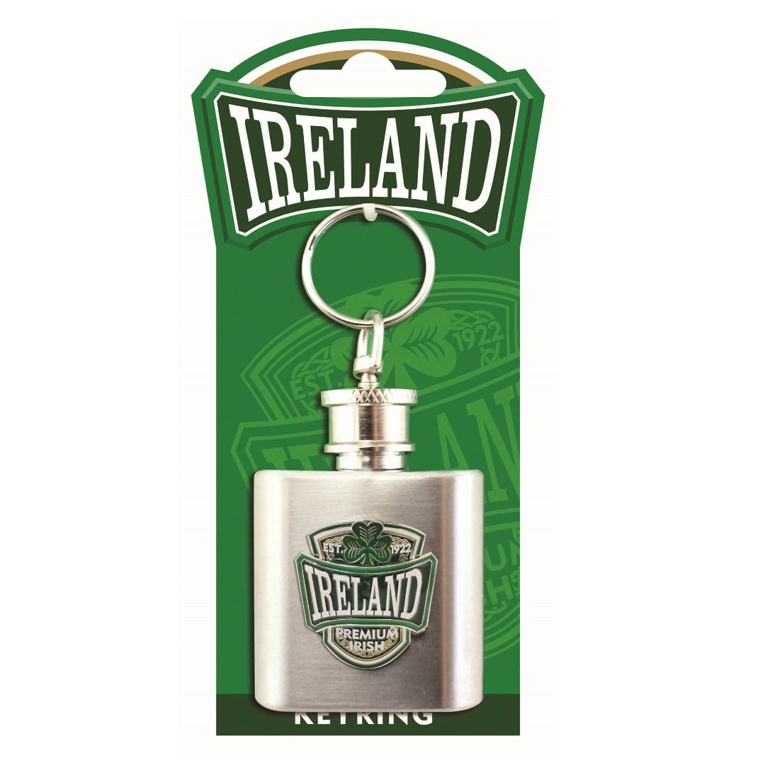 Ireland Mini Hip Flask Keyring Ireland & Shamrock Logo Mini hip flask that can be attached to any set of keys or your bag. Warm yourself on a chilly day. Ireland and Shamrock Design