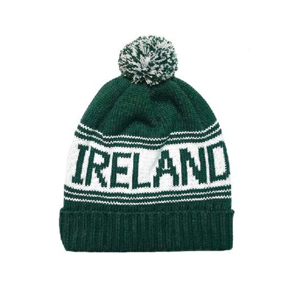 Cara Craft Ireland Green Text Bobble Hat - Woollen Hats - Machine Washable - Soft Touch - Premium Feel - Designed in Ireland
