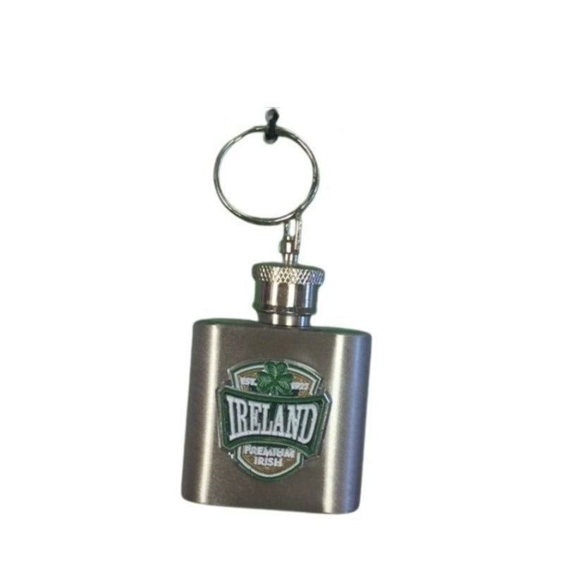 Ireland Mini Hip Flask Keyring Ireland & Shamrock Logo Mini hip flask that can be attached to any set of keys or your bag. Warm yourself on a chilly day. Ireland and Shamrock Design