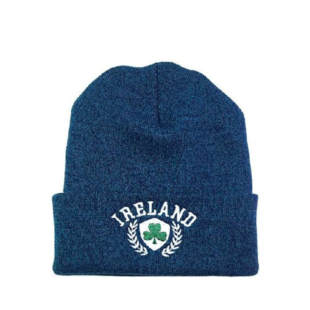 Cara Craft Ireland Shamrock Laurels Blue Knit Beanie - Woollen Hats - Machine Washable - Soft Touch - Premium Feel - Designed in Ireland