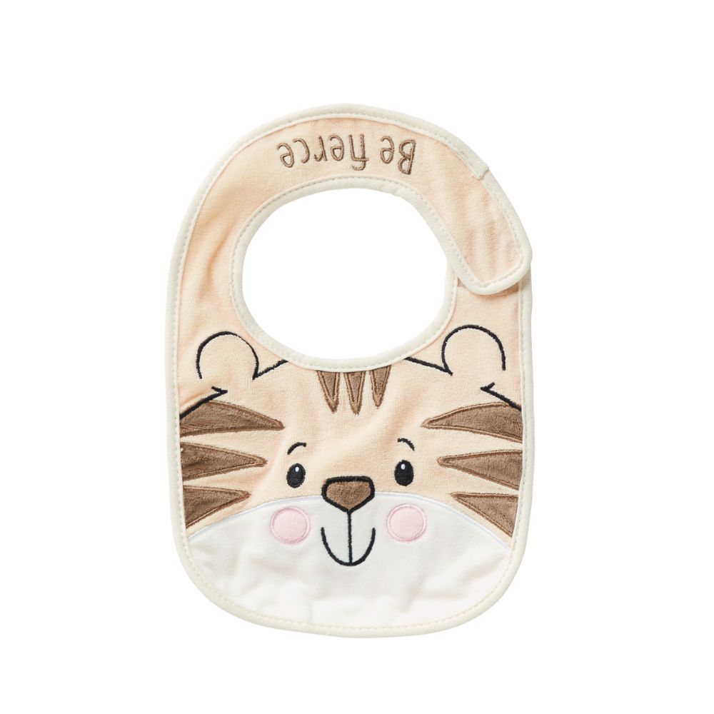 Izzy and Oliver Baby Collection Tiger Baby Bib This super soft and super cute Tiger bib is perfect for little ones. Featuring a fierce Tiger face that is embroidered for safety, Velcro fastening for easy wear and made from 100% cotton, it can be machine washed.
