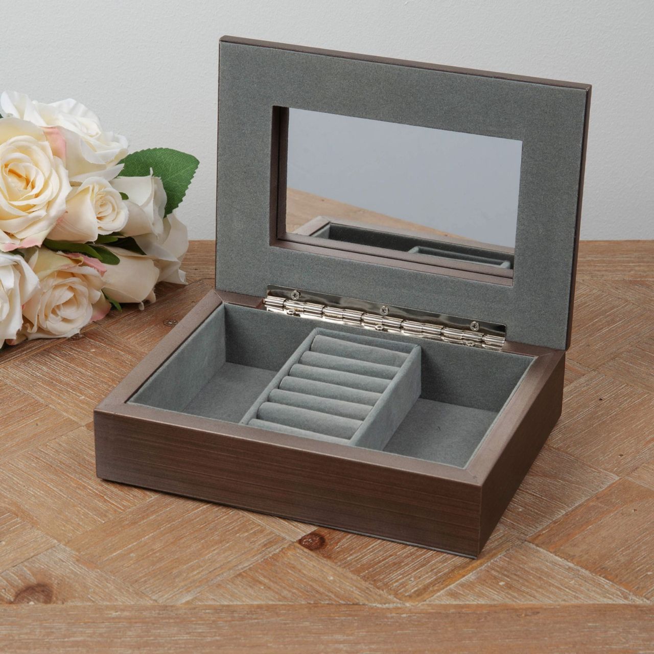 Jewellery Box Brushed Pewter Effect Wooden A contemporary brushed pewter effect grey wooden jewellery box with an engravable metal lid plate. From SOPHIA® Ladies Gifts - the home of style and sophistication in women's giftware.