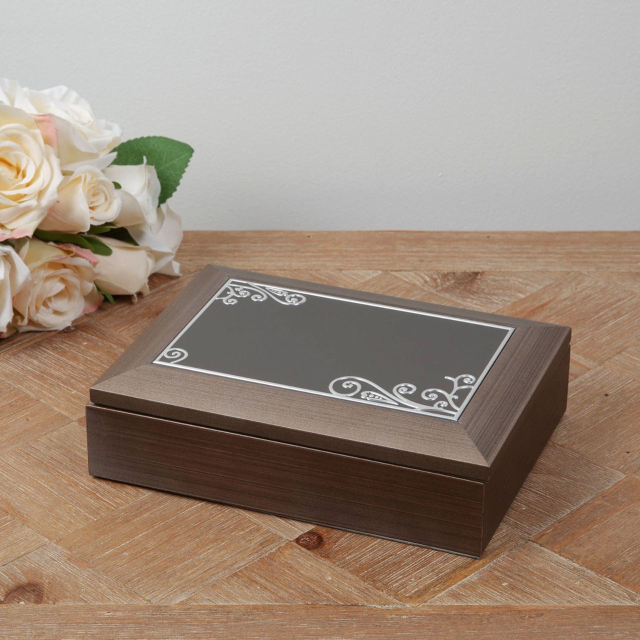 Jewellery Box Brushed Pewter Effect Wooden A contemporary brushed pewter effect grey wooden jewellery box with an engravable metal lid plate. From SOPHIA® Ladies Gifts - the home of style and sophistication in women's giftware.