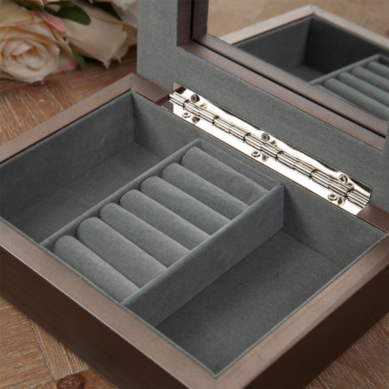 Jewellery Box Brushed Pewter Effect Wooden A contemporary brushed pewter effect grey wooden jewellery box with an engravable metal lid plate. From SOPHIA® Ladies Gifts - the home of style and sophistication in women's giftware.