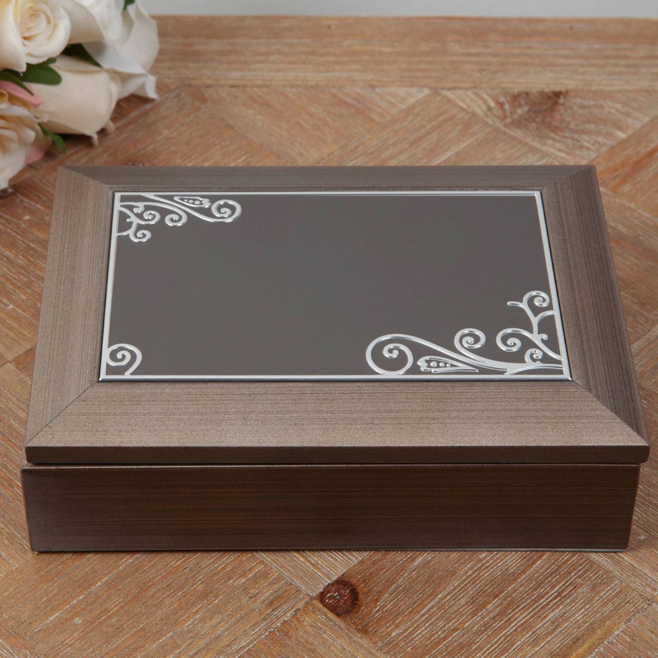 Jewellery Box Brushed Pewter Effect Wooden A contemporary brushed pewter effect grey wooden jewellery box with an engravable metal lid plate. From SOPHIA® Ladies Gifts - the home of style and sophistication in women's giftware.
