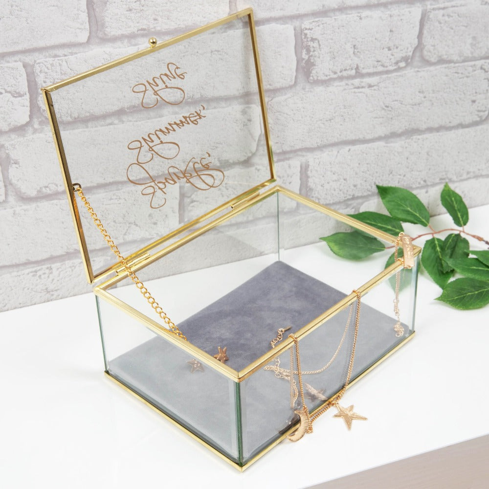 Grey Jewellery Box - Sparkle, Shimmer, Shine An elegant glass and gold metal jewellery box with soft grey velveteen cushioned interior. From the Nature Trail collection by HESTIA® - bring some subtle Spring vitality to your home.