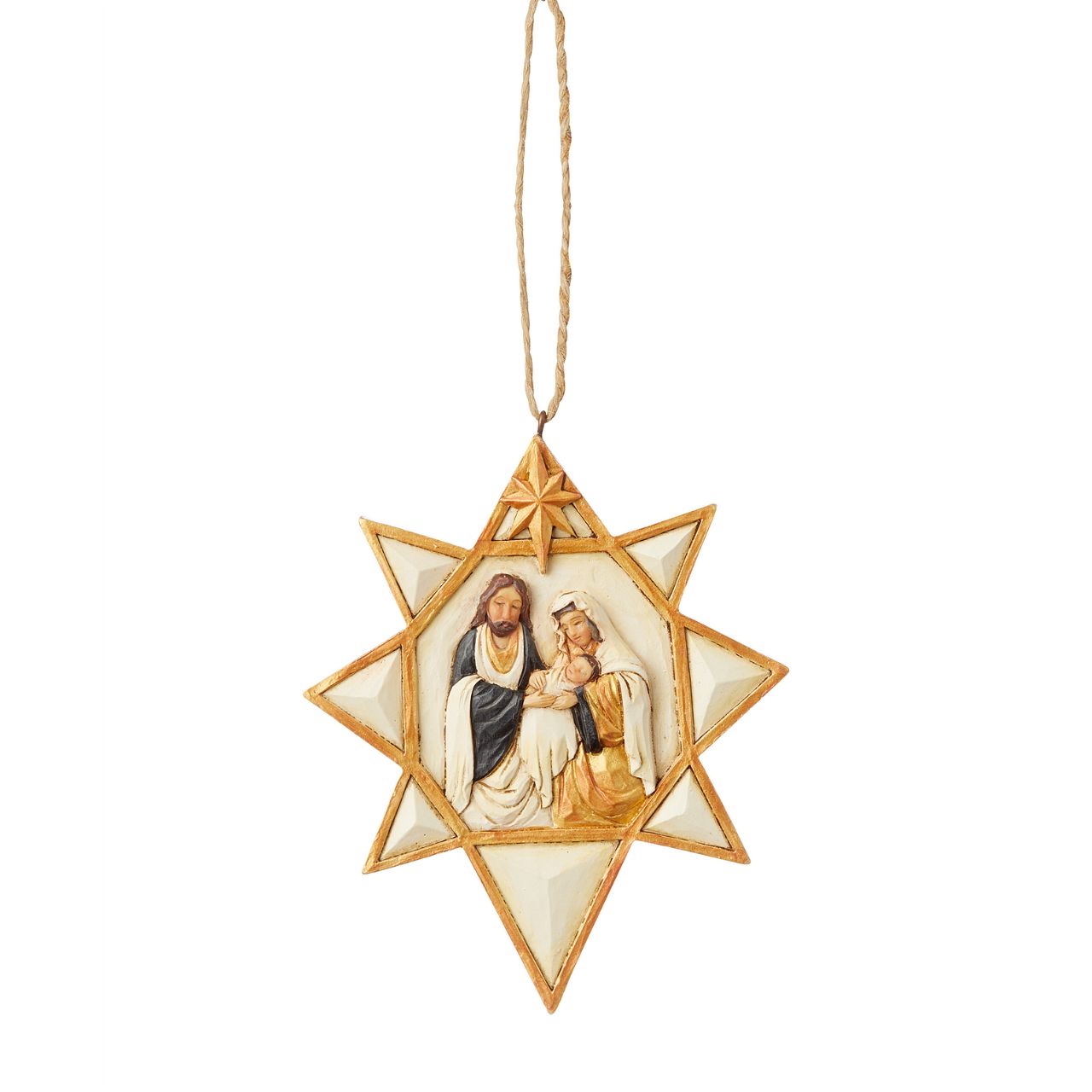 Jim Shore Black and Gold Nativity Star Hanging Ornament Jim Shore's stunning Black & Gold collection features unmistakable style finished with striking, contrasting colour. This beautiful Nativity ornament design details the timeless story at the heart of Christmas.