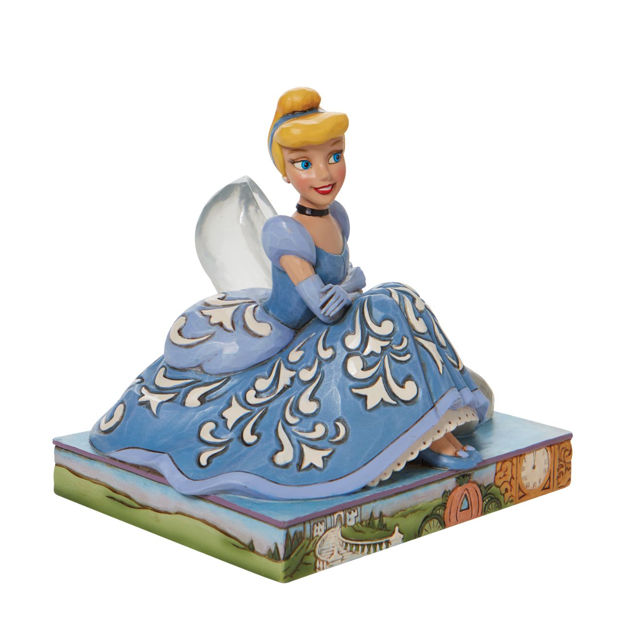 Jim Shore Disney Cinderella Glass Slipper Figurine This Disney Traditions line by Jim Shore features iconic Walt Disney princesses with their famous props highlighted. With a base illustrating her story, this piece features Cinderella in her brilliant blue gown with a glass slipper.
