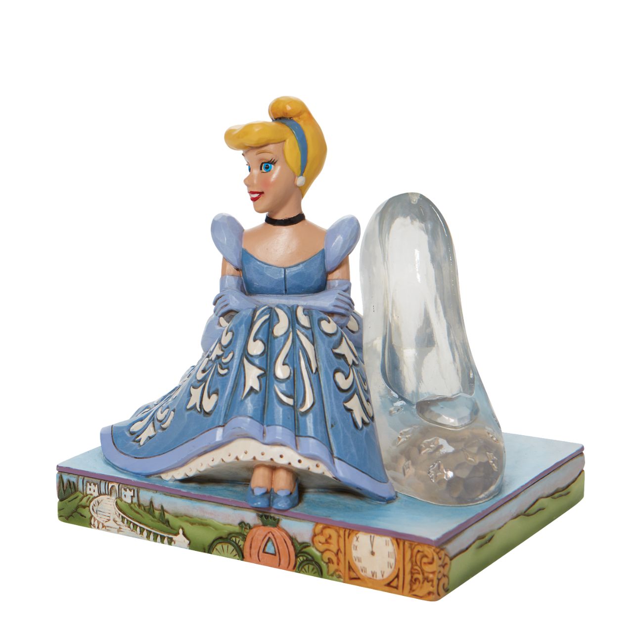 Jim Shore Disney Cinderella Glass Slipper Figurine This Disney Traditions line by Jim Shore features iconic Walt Disney princesses with their famous props highlighted. With a base illustrating her story, this piece features Cinderella in her brilliant blue gown with a glass slipper.