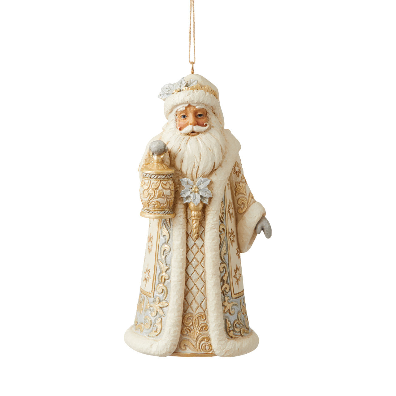 Jim Shore Holiday Lustre Santa Hanging Ornament Santa sparkles in this holiday ornament by Jim Shore. Holding a lantern and cloaked in a striking suit fitted with metallic accents, Santa shines this season. With a smile and glittering poinsettias, Father Christmas radiates joy.