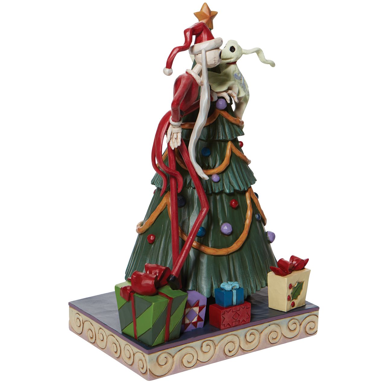 Nightmare Before Christmas Santa Jack with Zero by Tree Figurine  "Decking the Halls" Dressed as Santa Claus, Jack Skellington and his glow in the dark dog, Zero, gather around the Christmas tree. Will Jack steal the presents or will he be inspired by the giving season?