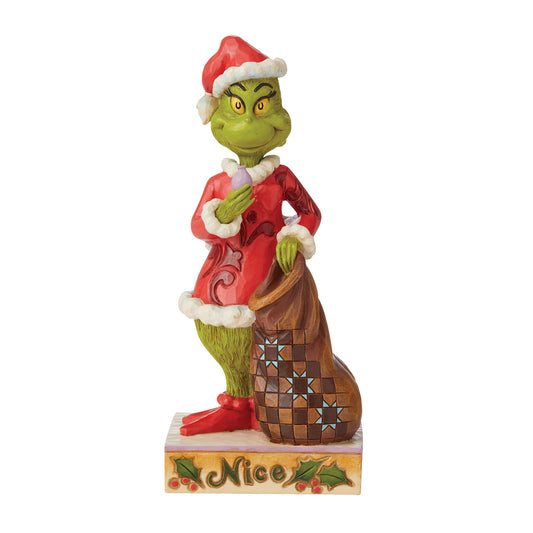Jim Shore The Grinch Naughty and Nice Figurine   The Grinch is a classic story of a humbug turned holiday hero. Exemplifying both Naughty and Nice, this Jim Shore dual figured effigy shares both sides of the story. One side showing a frowning Grinch stealing ornaments, while the other smiles with love.