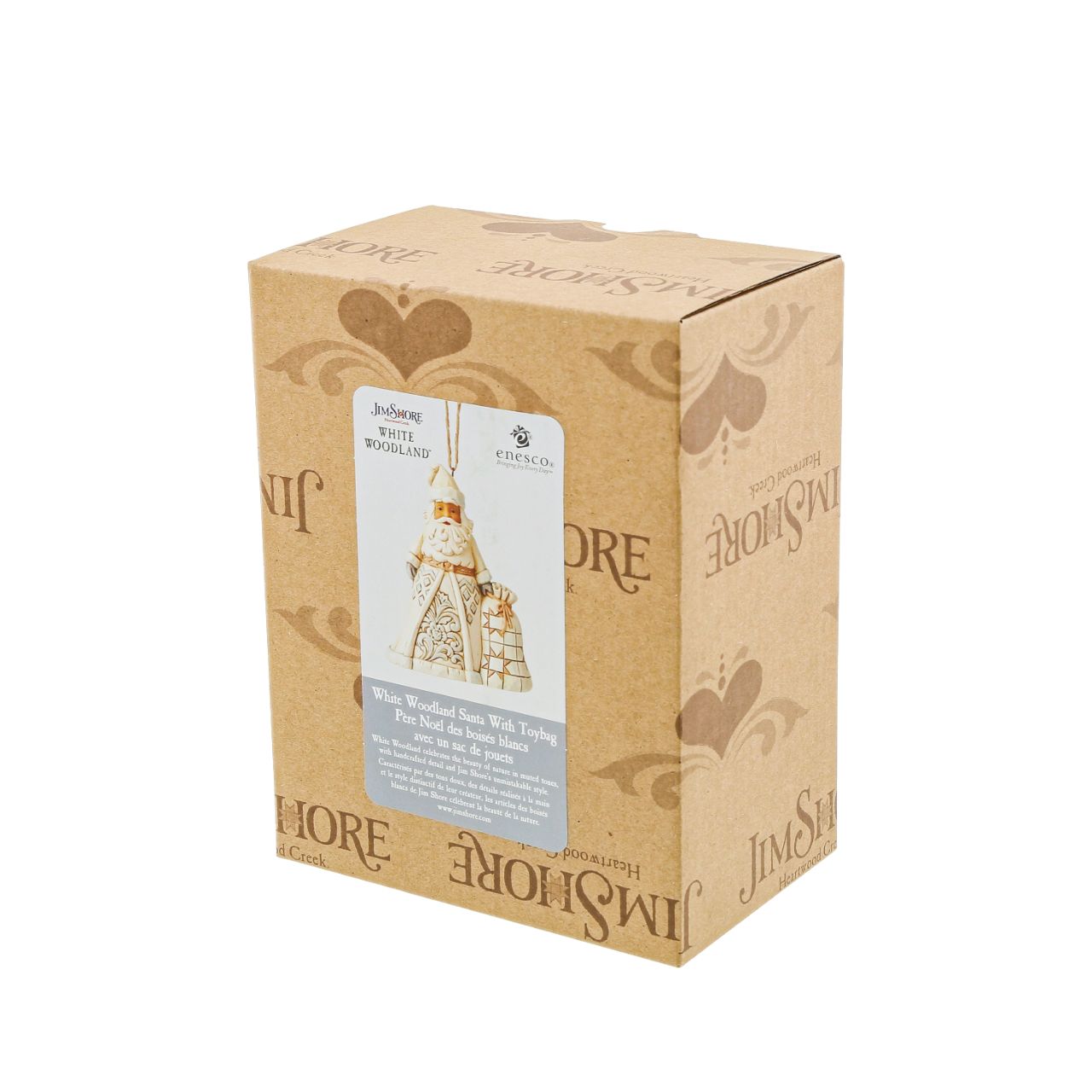 Jim Shore Heartwood Creek White Woodland Santa Hanging Ornament  In muted colors, this cool hued Santa brings grandeur with his deliveries. With a bag heavy with presents, this Christmas hero smiles happily from your tree, admiring the nice boys and girls as they open presents in your home.