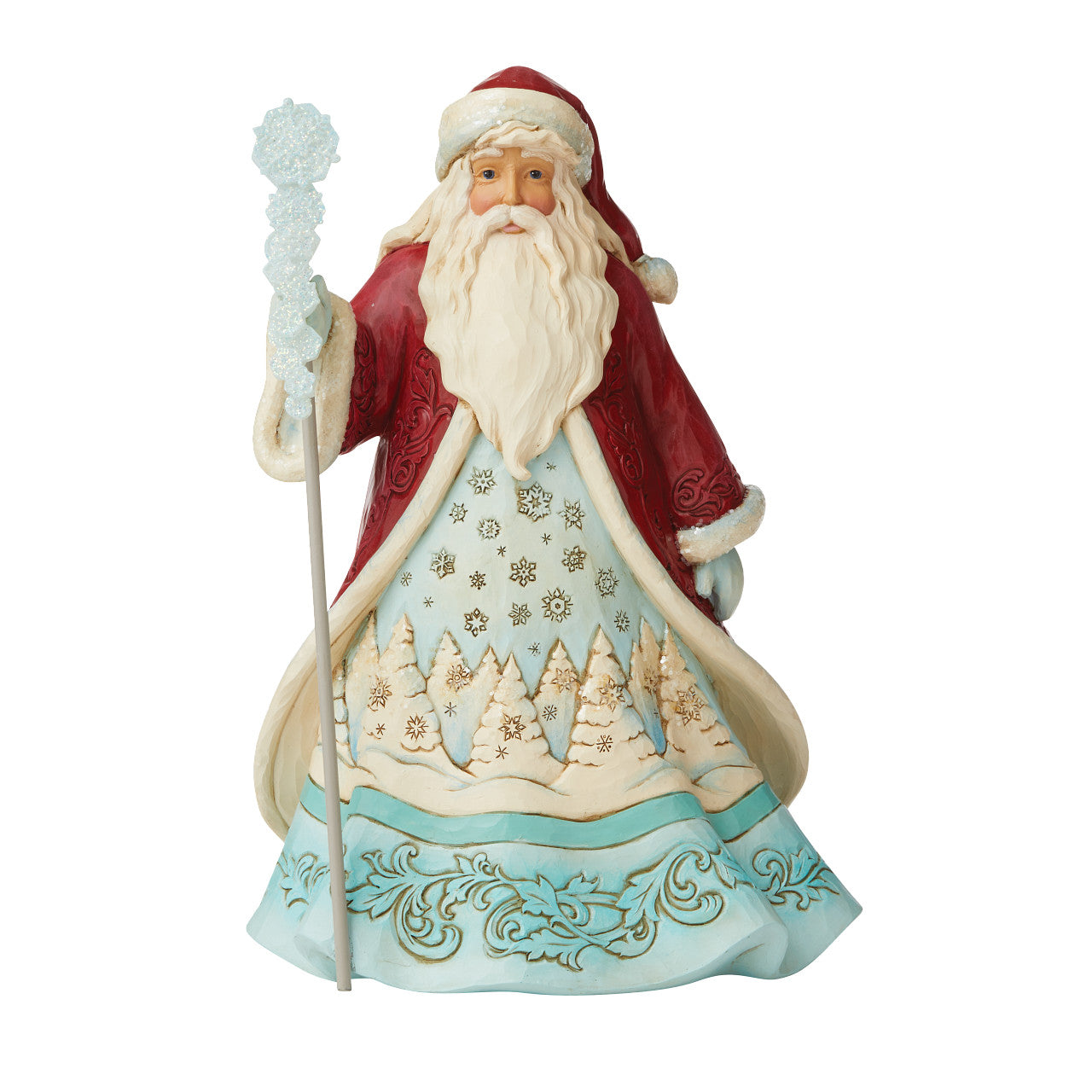 Jim Shore Winter Wonderland Santa with Snowflakes Figurine "Ice and Snow Can Warm The Soul" This icey Santa has been designed by Jim Shore as part of his Winter Wonderland collection. His staff is topped by an acrylic snowflake to add to the feeling of snow and ice before added emblishments of glitter are added.