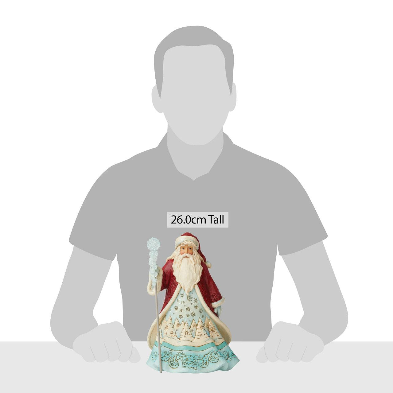 Jim Shore Winter Wonderland Santa with Snowflakes Figurine "Ice and Snow Can Warm The Soul" This icey Santa has been designed by Jim Shore as part of his Winter Wonderland collection. His staff is topped by an acrylic snowflake to add to the feeling of snow and ice before added emblishments of glitter are added.