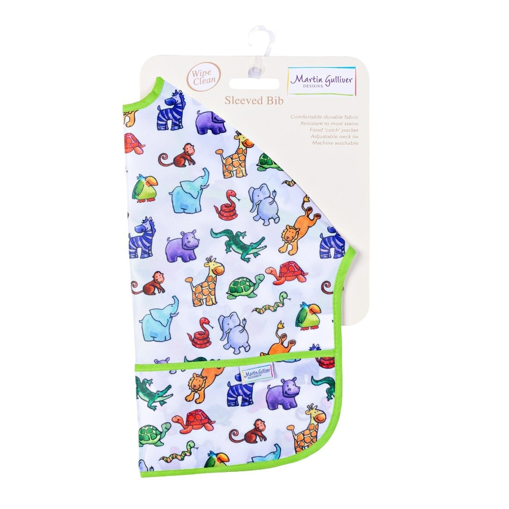 Martin Gulliver Jungle Friends Sleeved Bib Make mealtimes an easy peasey clean up operation with these fantastic sleeved bibs. From the Martin Gulliver collection by Just 4 Kids.