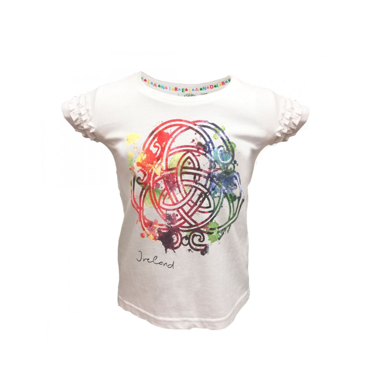 Kids White Coloured Celtic Knot Frilly Sleeves T-Shirt White cotton kids T-shirt Fitted style with cute Frilly sleeves and features a colourful printed Celtic knot with a water-colour effect and Ireland logo