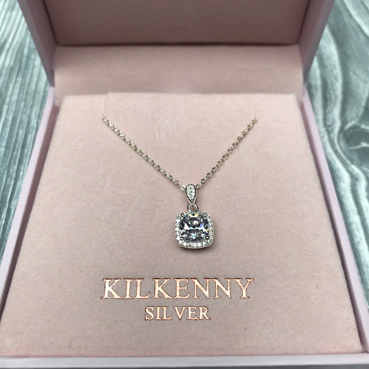 Silver Square Diamante Necklace by Kilkenny Silver Sterling silver square design necklace with cubic zirconia stones.