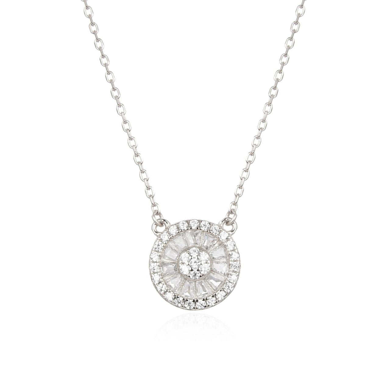 Silver Diamante Rosette Necklace by Kilkenny Silver Sterling silver rosette necklace with cubic zirconia stones. The perfect piece to elevate any style.