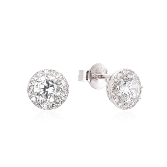 Kilkenny Silver Halo CZ Stone Stud Earring  Sterling silver halo stud earrings with cubic zirconia stones.